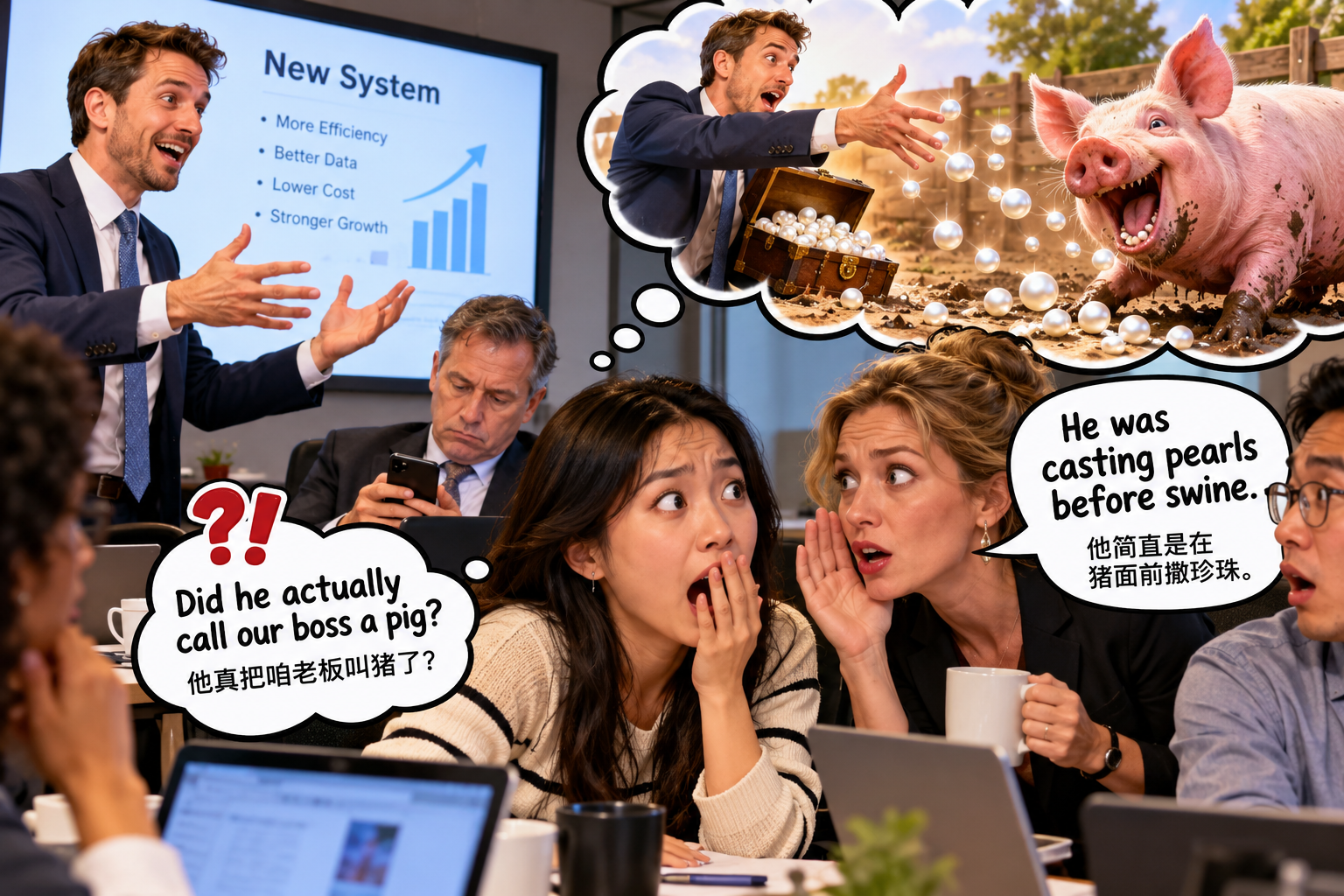 美剧说英语：cast pearls before swine - 加拿大办公室开会，同事说“把珍珠扔给猪”，我差点以为他在骂老板……
