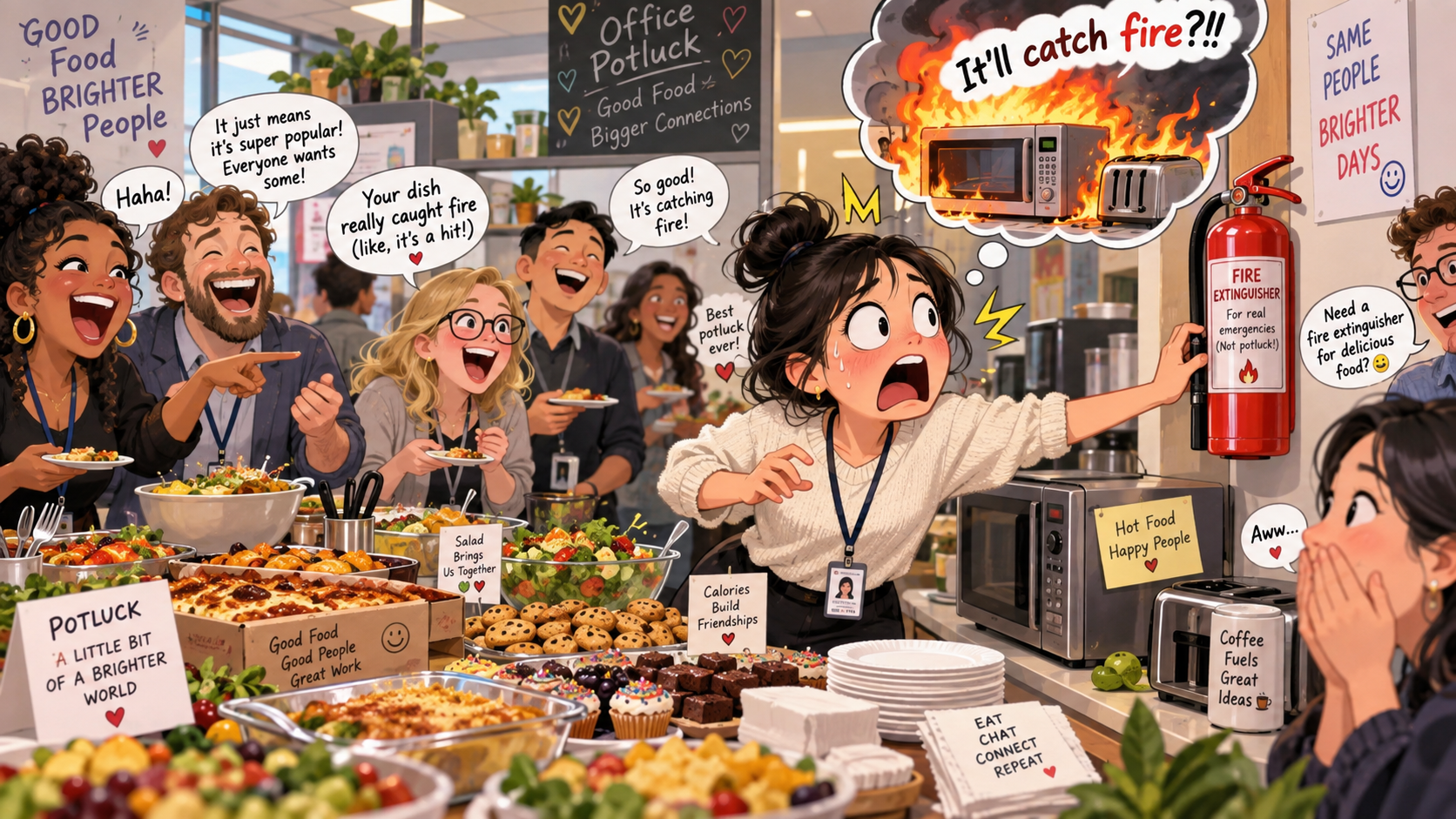 美剧学英语:catch fire (fig.) - 加拿大办公室午餐会,同事说“catching fire”,我差点把灭火器搬过来