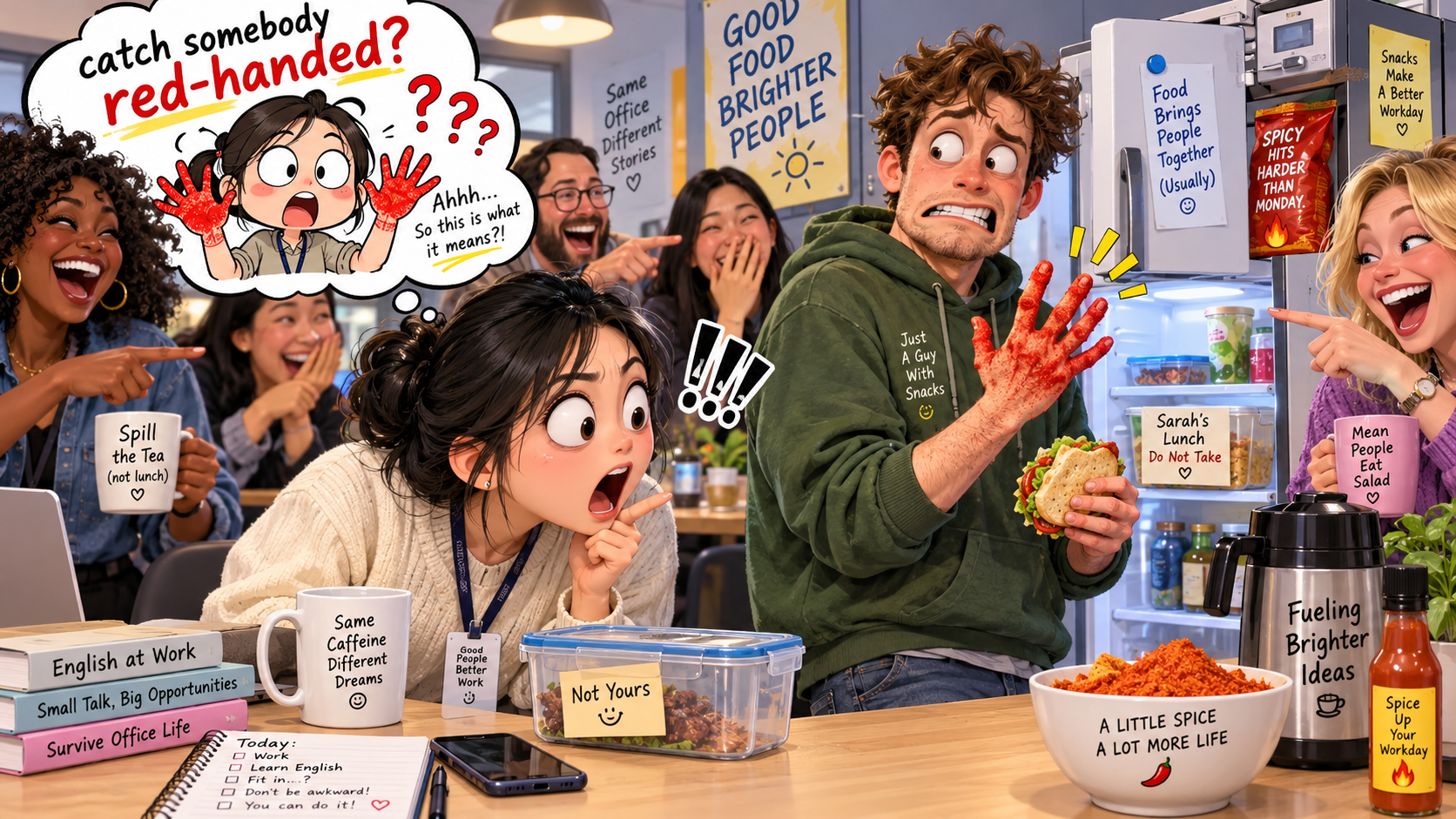 美剧学英语：catch somebody red-handed - 加拿大办公室茶水间：同事说抓到小偷“red-handed”，我却一直盯着他的手