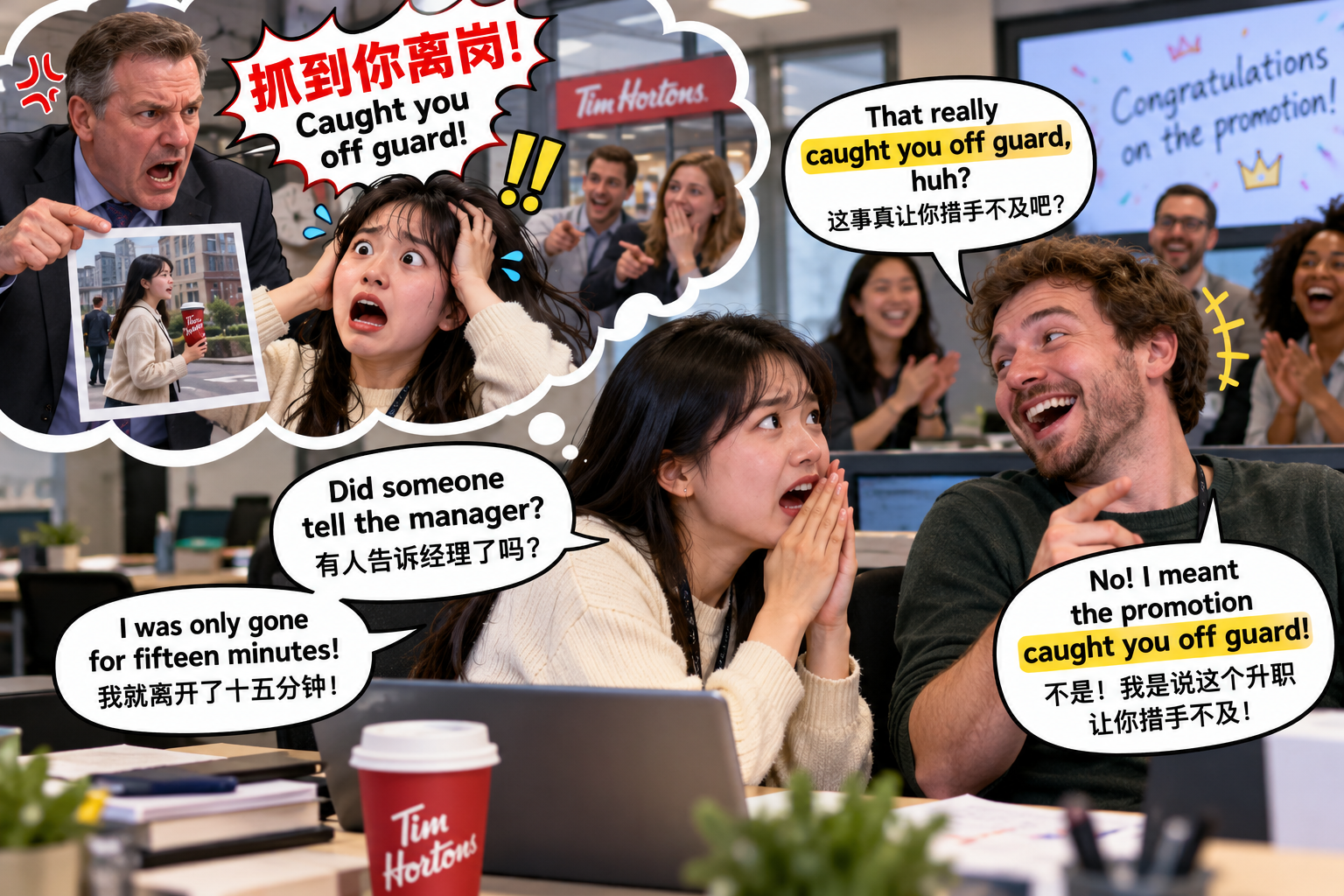 美剧说英语:catch someone off guard - 加拿大办公室同事说我被“抓到离岗”,我差点主动找经理认错……