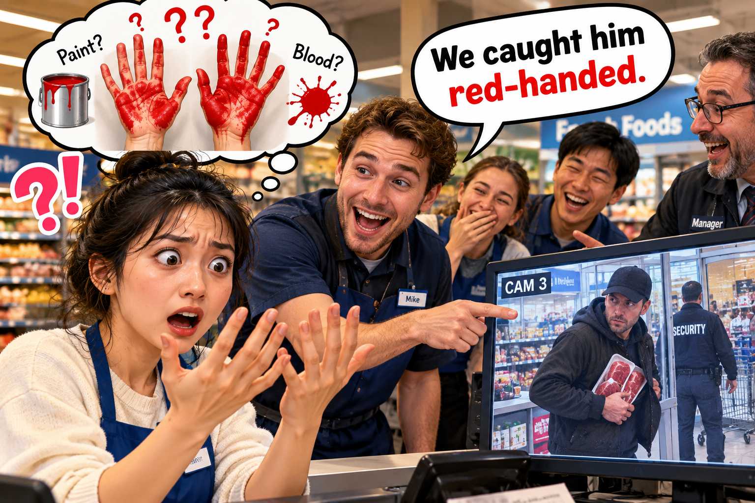 美剧学英语:catch someone red-handed - 加拿大超市里,同事说抓到他“red-handed”,我先看了看那人的手……