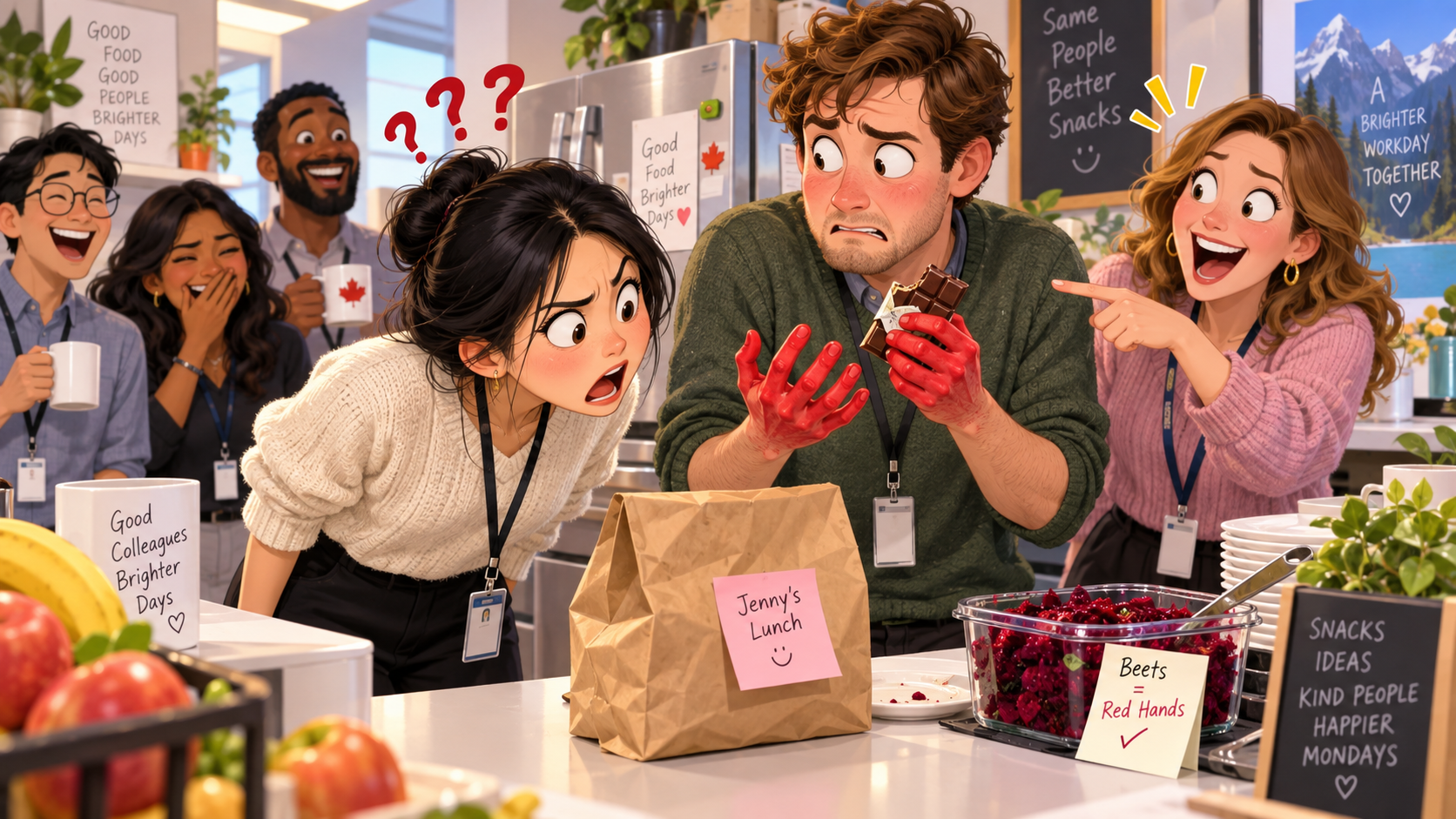 美剧学英语：caught red-handed - 加拿大办公室抓到偷吃午餐的人，我却一直盯着他的手：也没红啊？