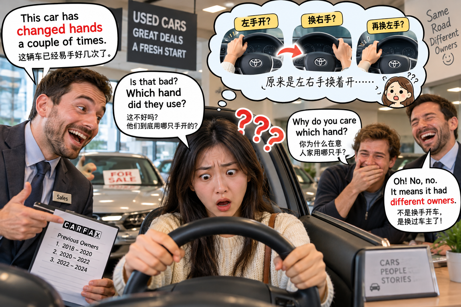 美剧学英语：change hands - 加拿大二手车店里，他说这辆车“changed hands”，我低头看了看方向盘……