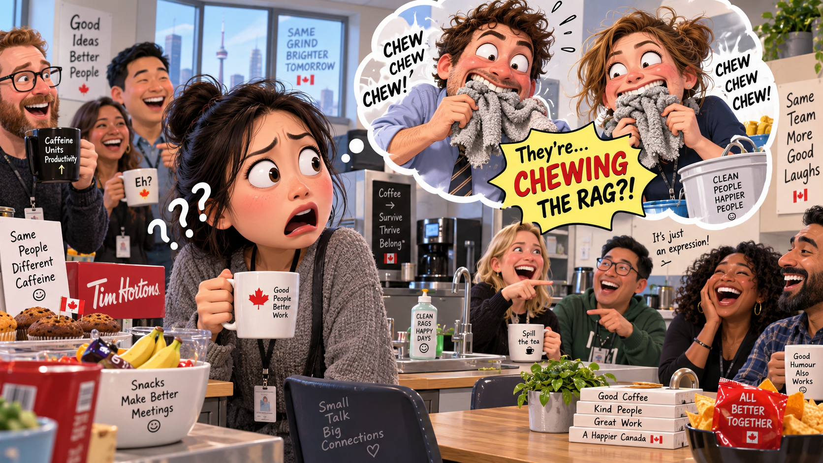 美剧学英语:chewing the rag - 加拿大办公室茶水间:同事说在“咬破布”,我真去找抹布了