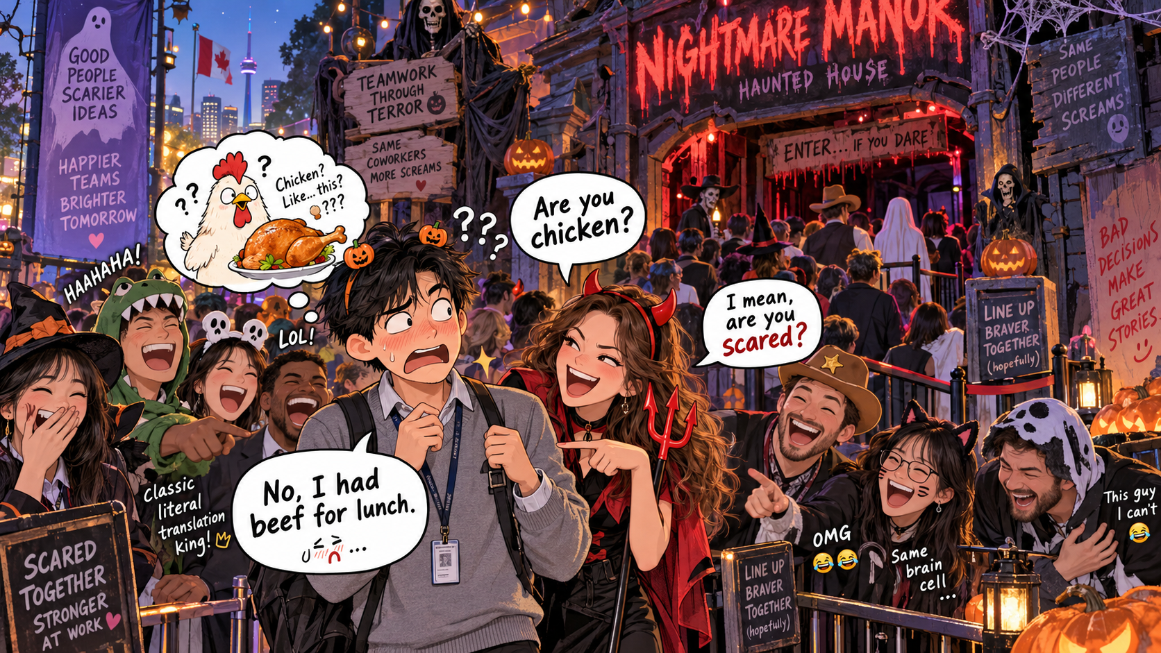 美剧学英语:chicken - 加拿大公司万圣节团建,同事问我“Are you chicken?”我认真回答:No, I had beef for lunch…