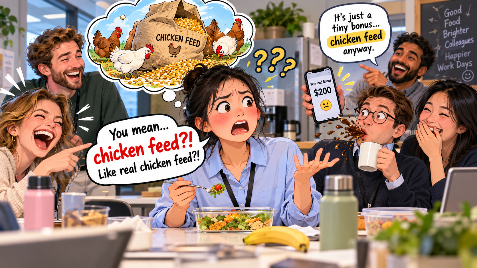 美剧学英语:chicken feed - 加拿大办公室午休,同事说奖金是“chicken feed”,我差点问他养了几只鸡……