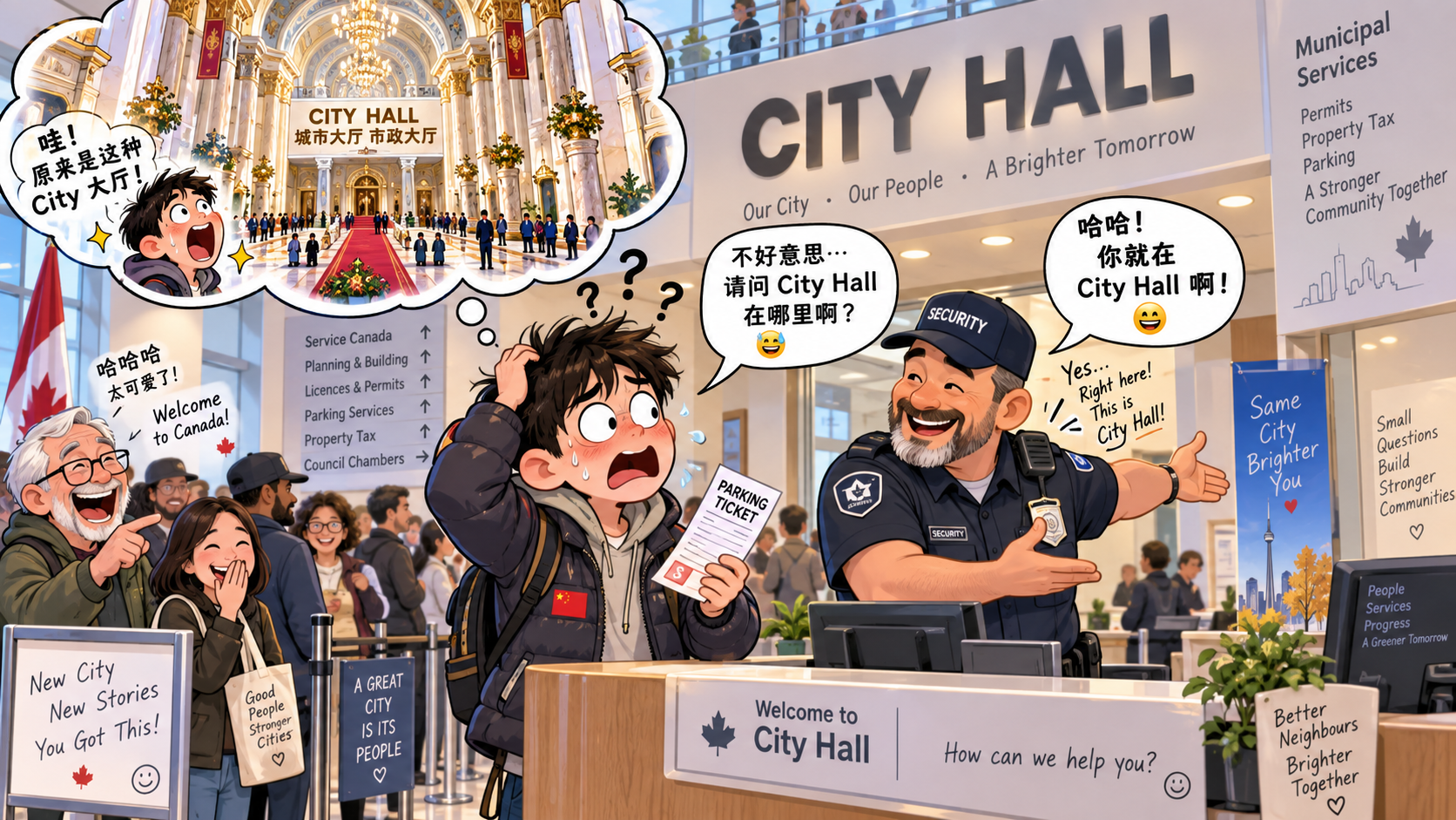 美剧学英语：city hall - 加拿大收到停车罚单，同事让我去“city hall”，我进门后还在找“大厅”……