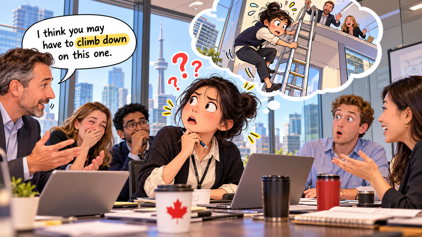 美剧说英语：climb down - 加拿大办公室里，同事说climb down，我真的开始找楼梯……