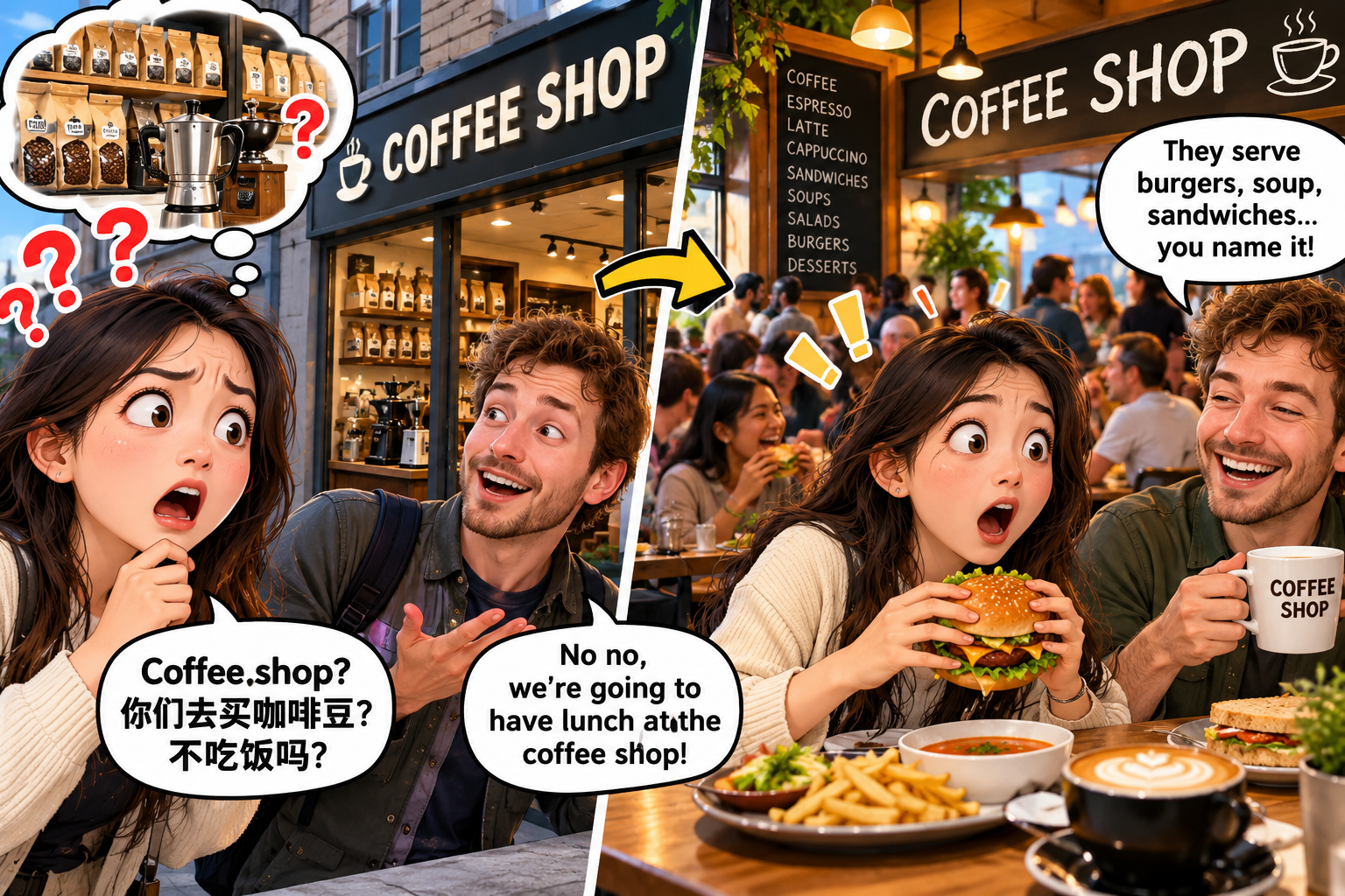 美剧说英语：coffee shop - 加拿大同事约我去coffee shop吃午饭，我却问他：你只喝咖啡不吃饭？