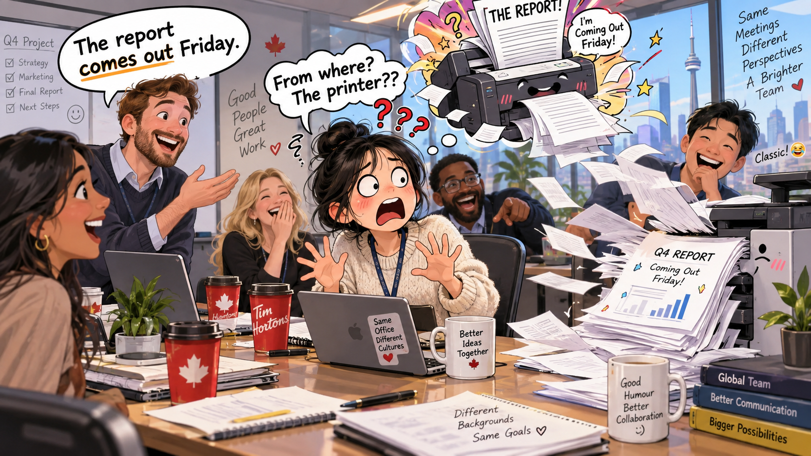 美剧学英语：come out - 加拿大办公室同事说“The report comes out Friday”，我下意识问：从哪儿出来？