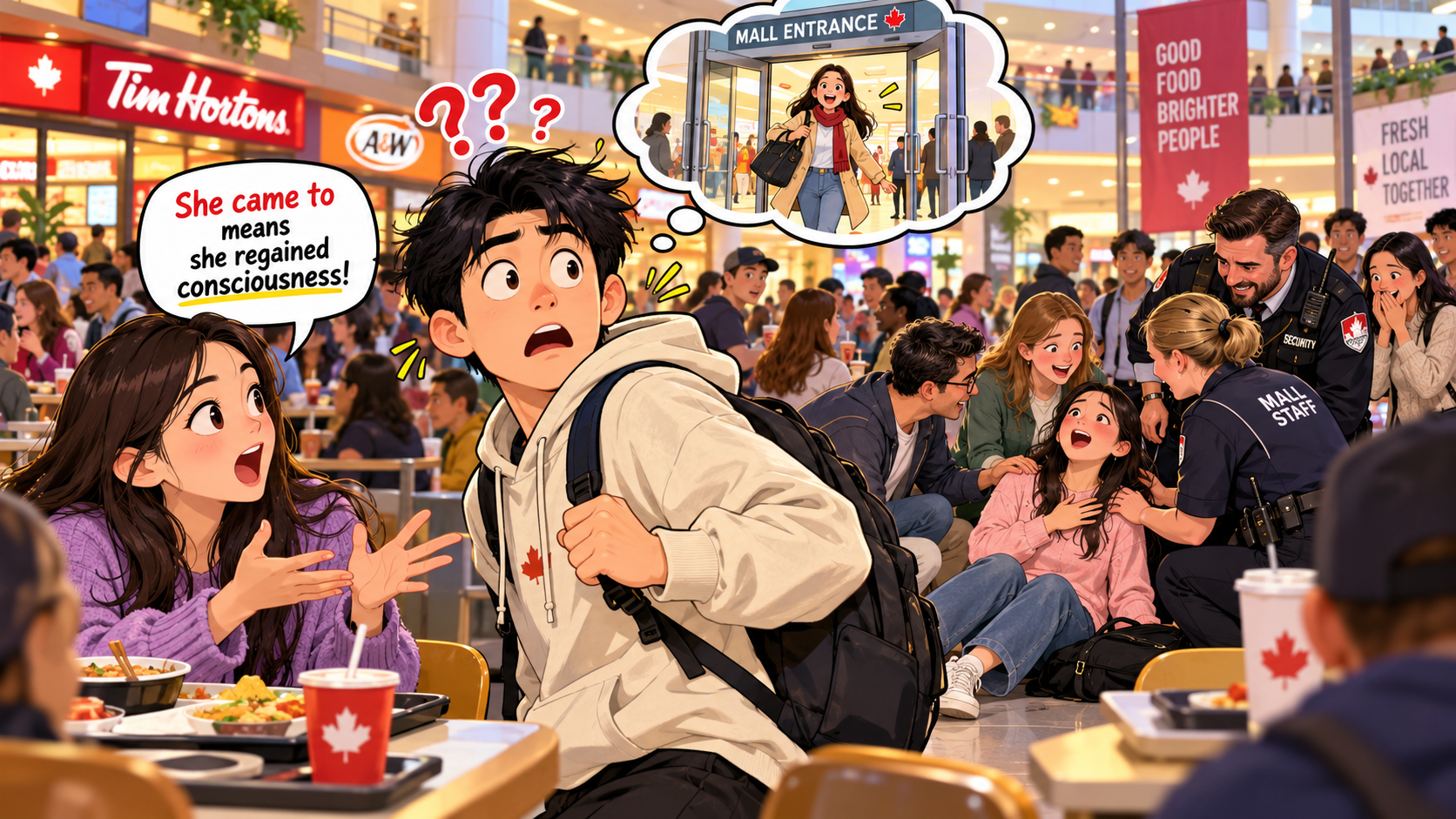 美剧说英语:come to - 加拿大商场有人晕倒,同事说“she came to”,我还一直往门口看……
