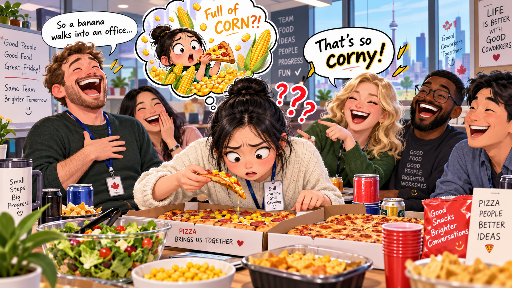 美剧学英语：corny - 加拿大办公室午餐，同事说我的笑话“corny”，我低头找了半天玉米……