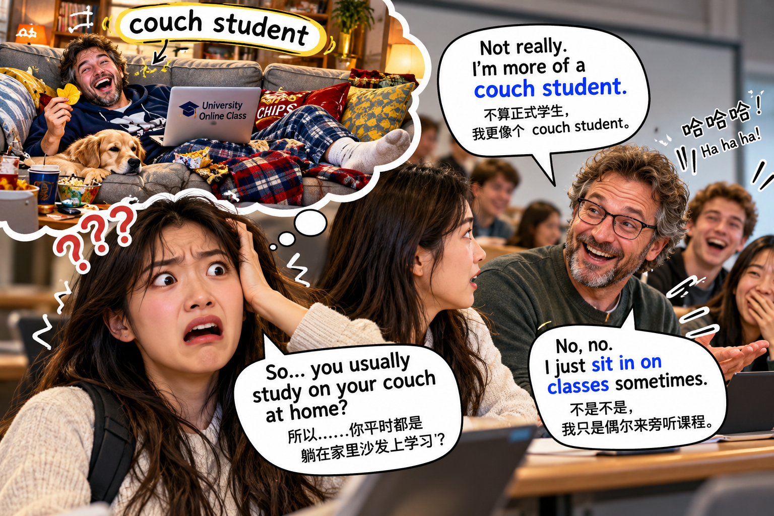 美剧说英语：couch student - 加拿大大学公开课上，同学说自己是“couch student”，我真以为他每天躺沙发上课