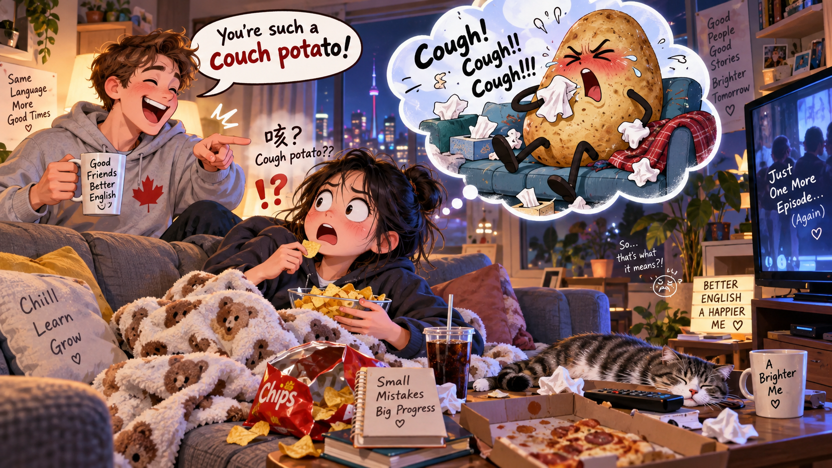 美剧学英语：cough potato - 加拿大朋友说我是“cough potato”，我差点问他：我什么时候咳嗽了？
