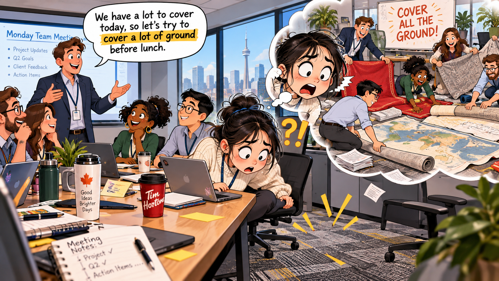 美剧学英语：cover ground - 加拿大开会时经理说“cover a lot of ground”，我低头看了看会议室地毯……