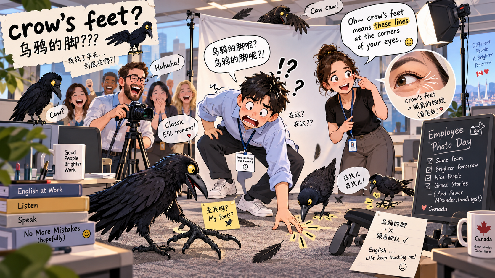 美剧学英语:crow's feet - 加拿大办公室拍照,同事说我有“乌鸦脚”,我低头找了半天