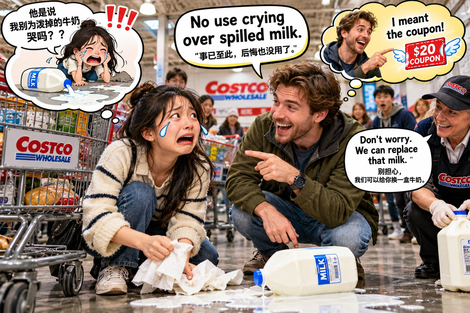 美剧说英语：cry over split milk - 加拿大Costco结账时，同事说别为牛奶哭了，我赶紧去找纸巾……