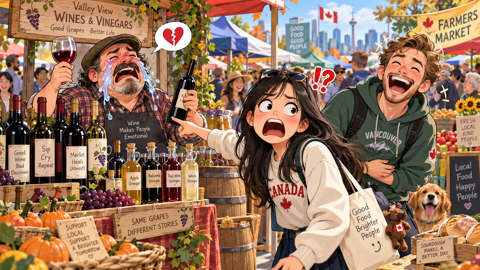 美剧学英语:cry wine and sell vinegar - 加拿大周末市集,同事说“cry wine and sell vinegar”,我真去找那个哭着喝酒的人……