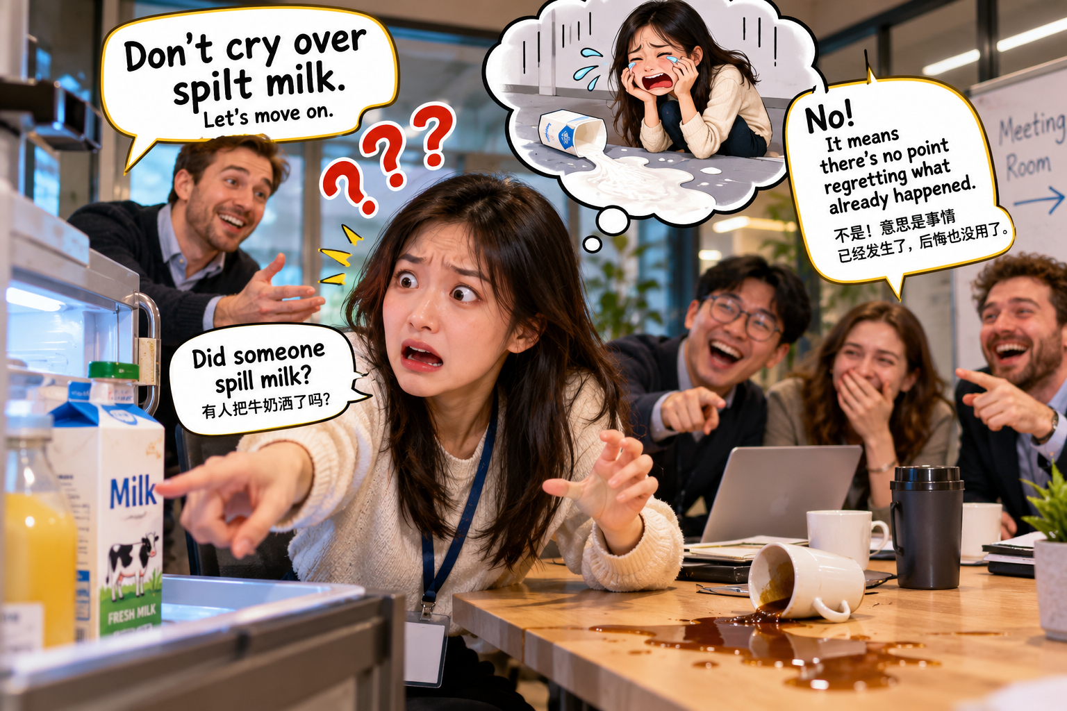 美剧说英语：crying over spilt milk - 加拿大办公室开会，同事说别为牛奶哭了，我差点冲去茶水间……
