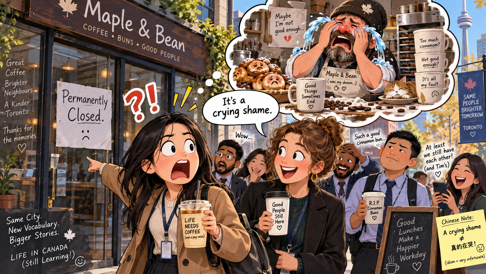 美剧学英语:crying shame - 加拿大办公室午休,同事说楼下咖啡店是“crying shame”,我差点去安慰老板……
