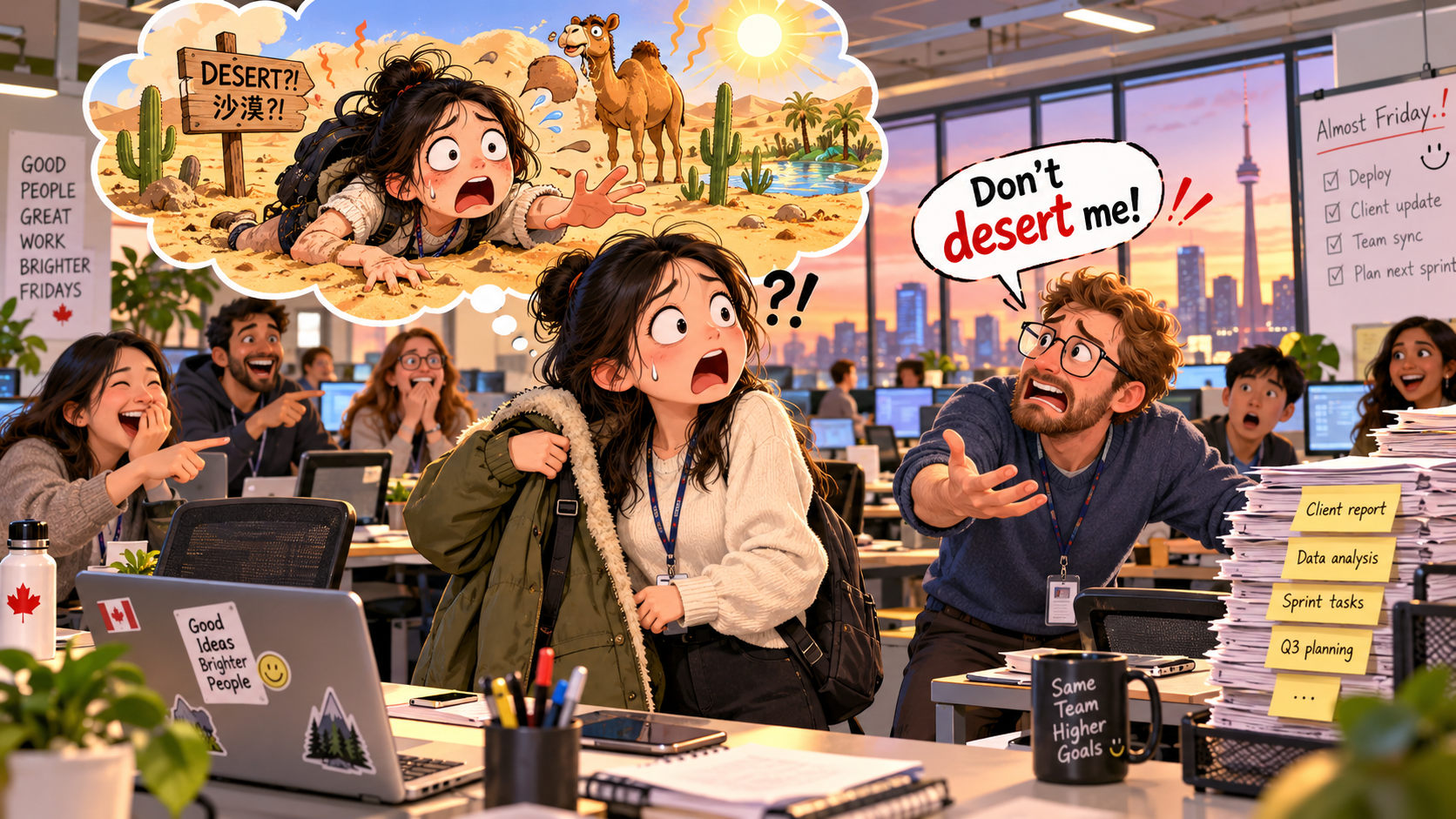 美剧学英语：desert - 加拿大办公室加班，同事说“Don’t desert me”，我差点问：沙漠在哪？