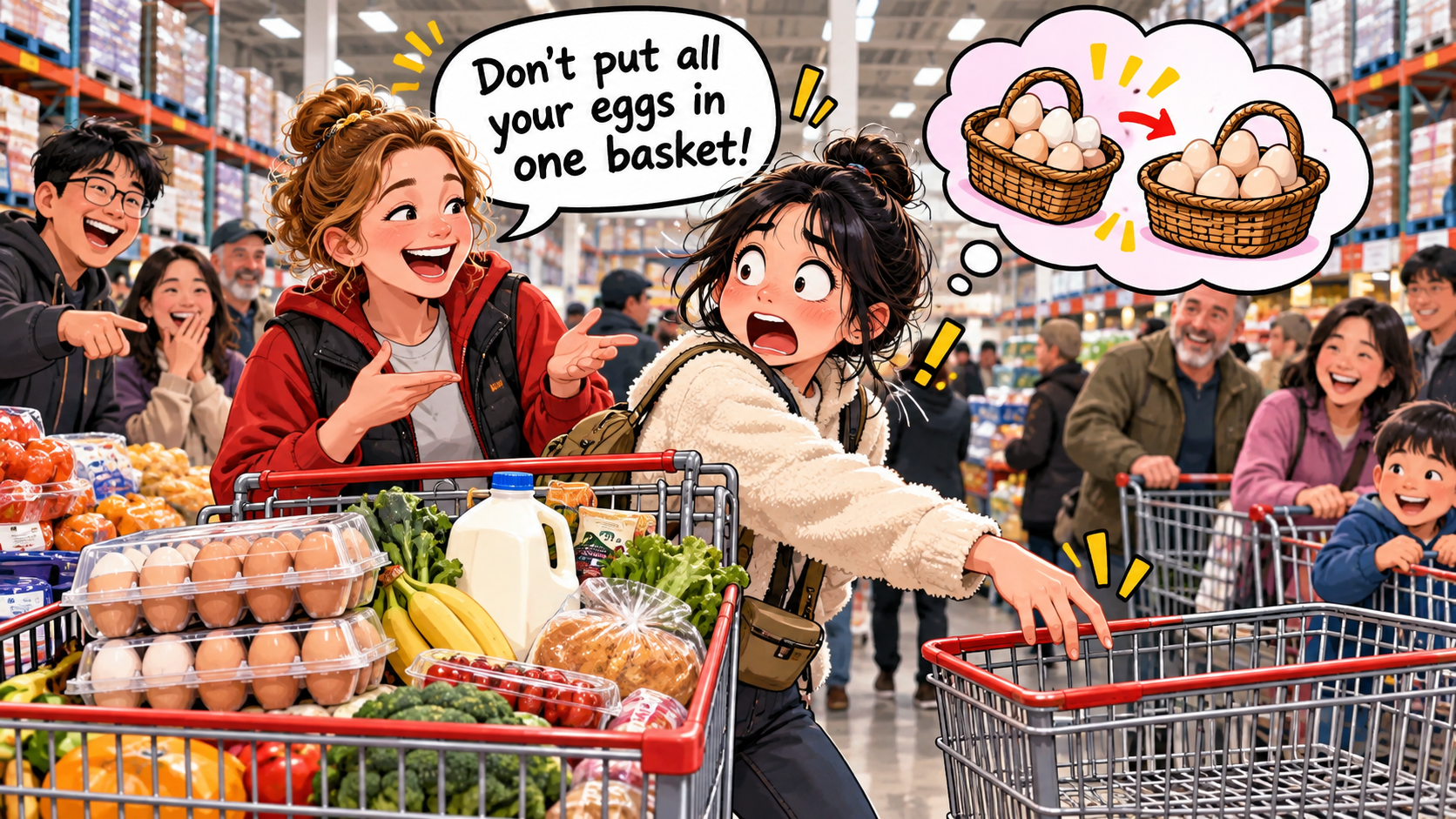 美剧学英语：don't put all eggs in one basket - 加拿大超市结账时，同事说“别把鸡蛋放一个篮子里”，我真去拿了第二个篮子