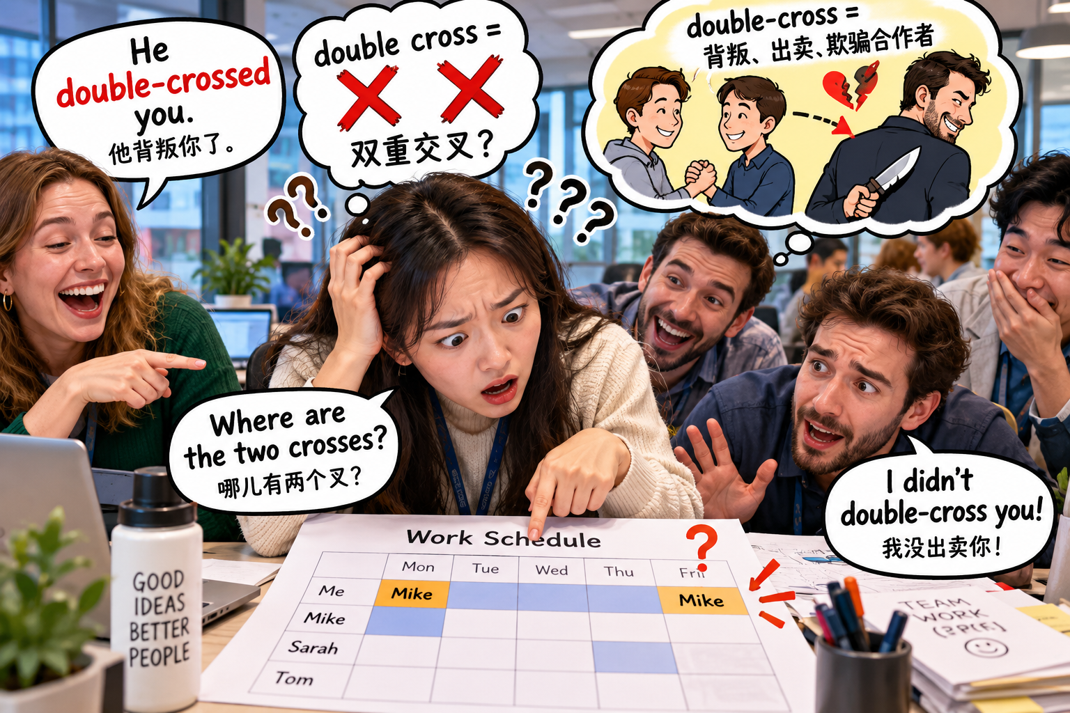 美剧学英语：double cross - 加拿大办公室里，同事说我被double-cross了，我低头找了半天那个“叉”