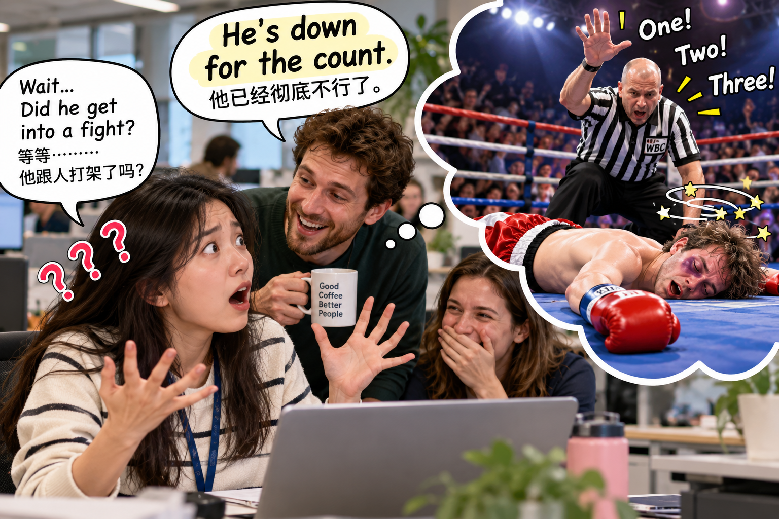 美剧学英语：down for the count - 加拿大办公室同事说“down for the count”，我差点问：谁在旁边读秒？