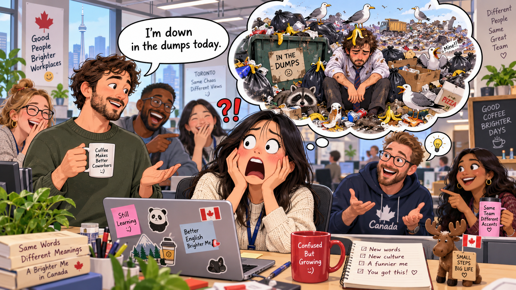 美剧学英语：down in the dumps - 加拿大办公室同事说自己“down in the dumps”，我差点问他垃圾分类是哪一桶……