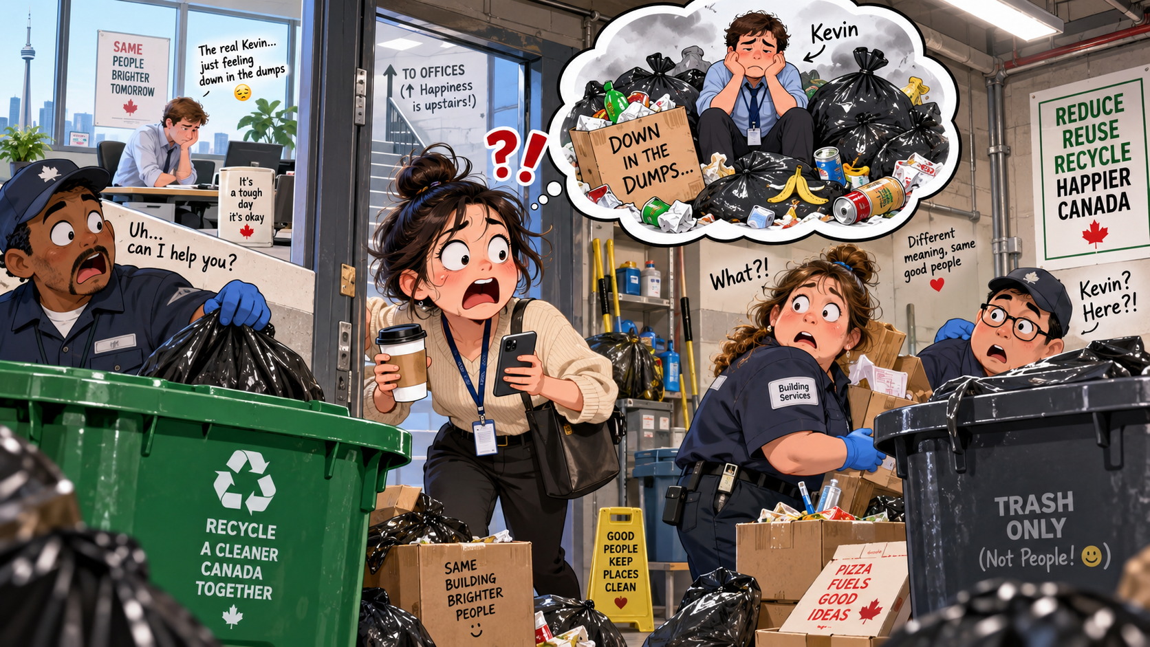 美剧学英语：down in the dumps - 加拿大办公室找同事：老板说他“down in the dumps”，我真跑去垃圾房了……