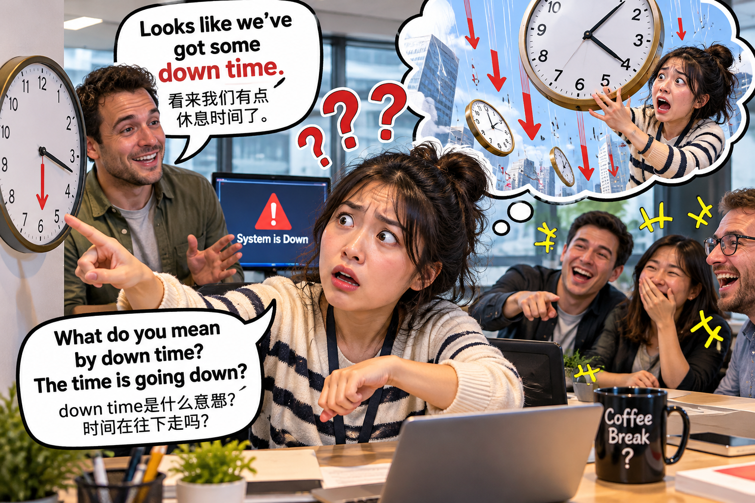 美剧说英语：down time - 加拿大办公室说有“down time”，我低头看了半天时钟……