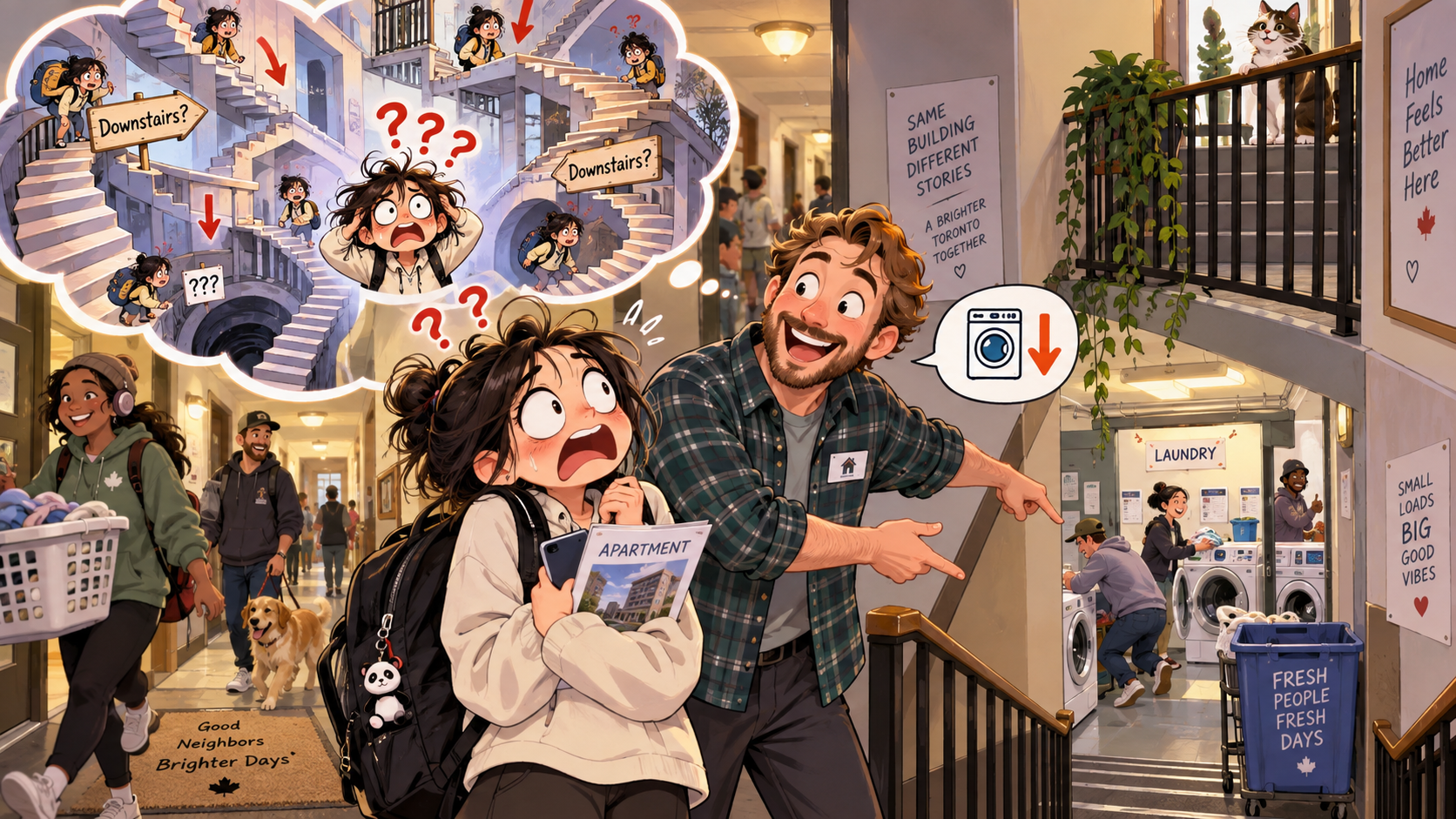 美剧学英语:downstairs - 加拿大公寓看房,房东说“laundry is downstairs”,我站在楼梯口找了半天……