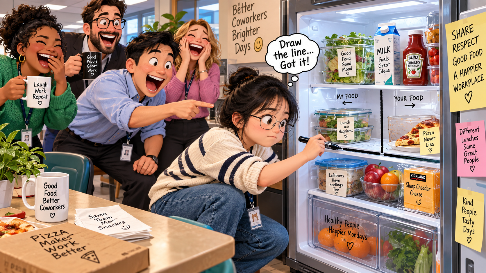 美剧学英语：draw the line - 加拿大办公室冰箱：同事说“draw the line”，我真的拿马克笔画了一条线