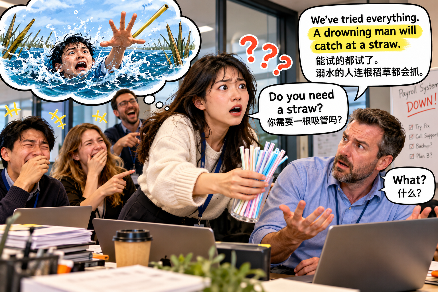 美剧说英语：drowning man will catch at a straw - 加拿大同事说“抓根稻草”，我真跑去厨房找吸管了