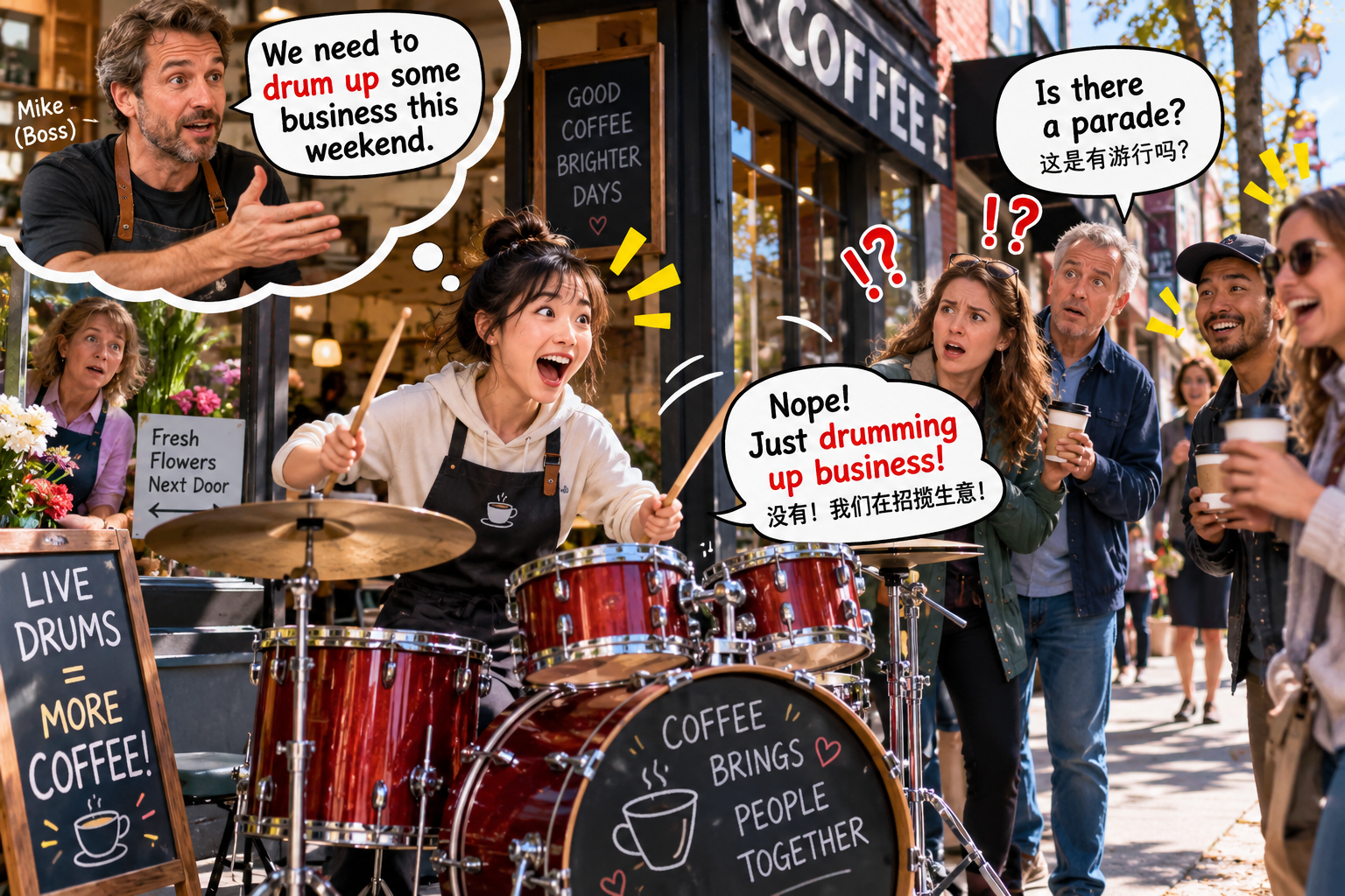 美剧说英语：drum up - 加拿大咖啡店老板让我“drum up”客人，我差点真把鼓搬到门口……