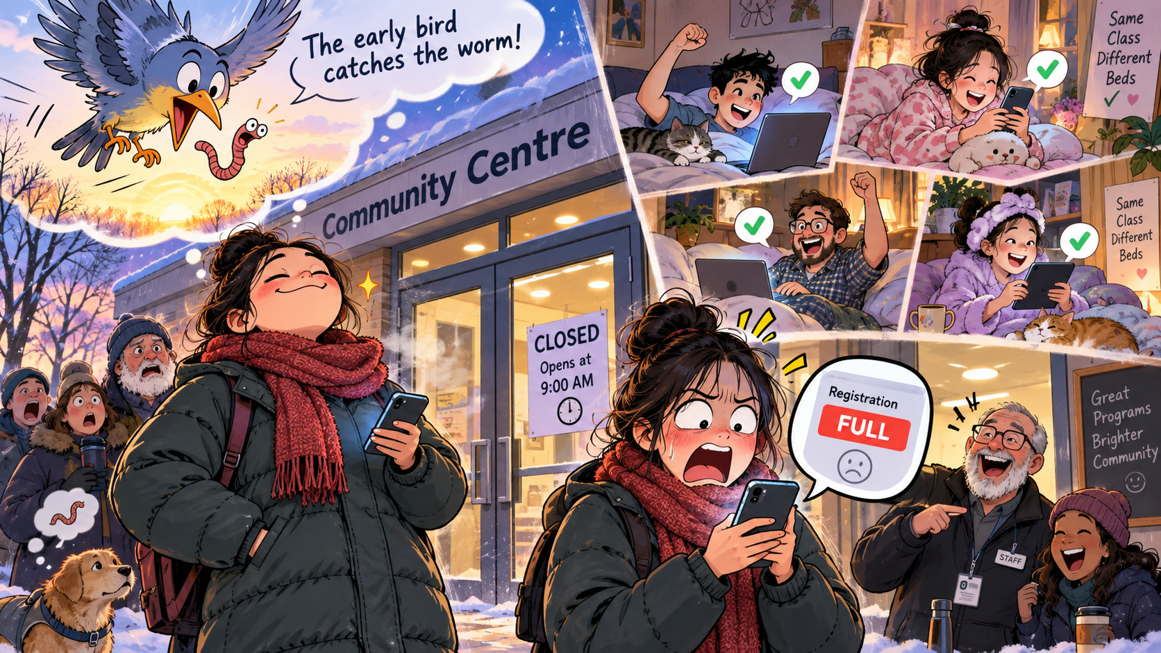 美剧学英语:early bird catches the worm - 加拿大社区中心抢课,朋友说“early bird catches the worm”,我真跑去门口等开门了……