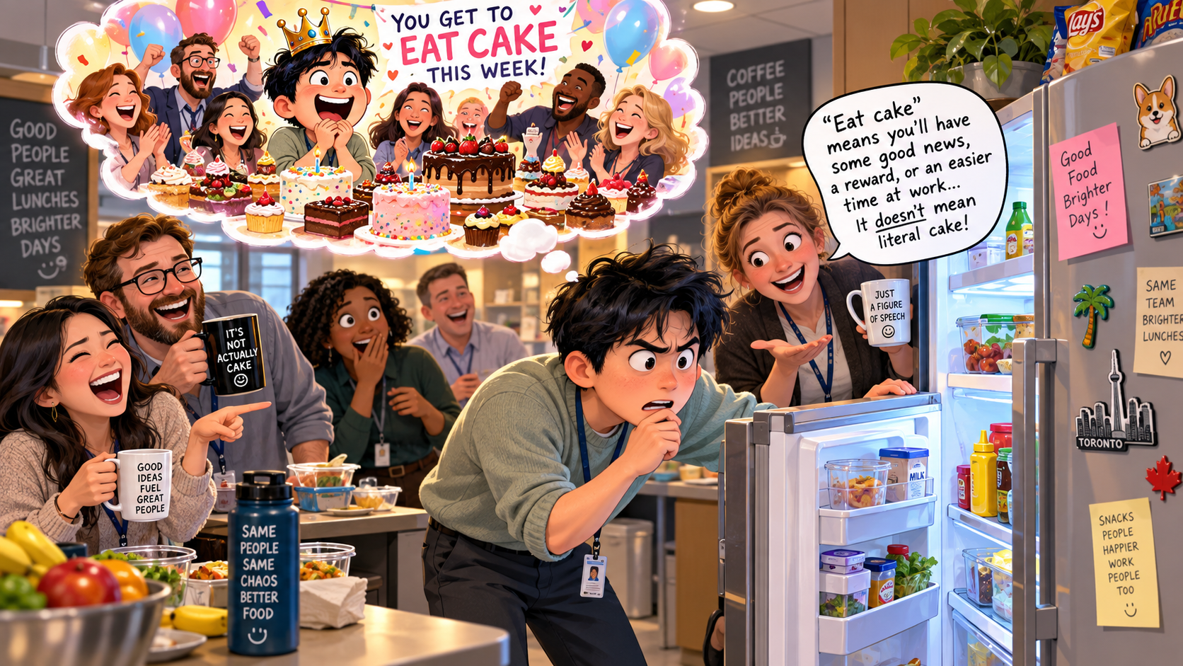 美剧学英语：eat cake - 加拿大办公室里，同事让我“eat cake”，我真的去找蛋糕了……