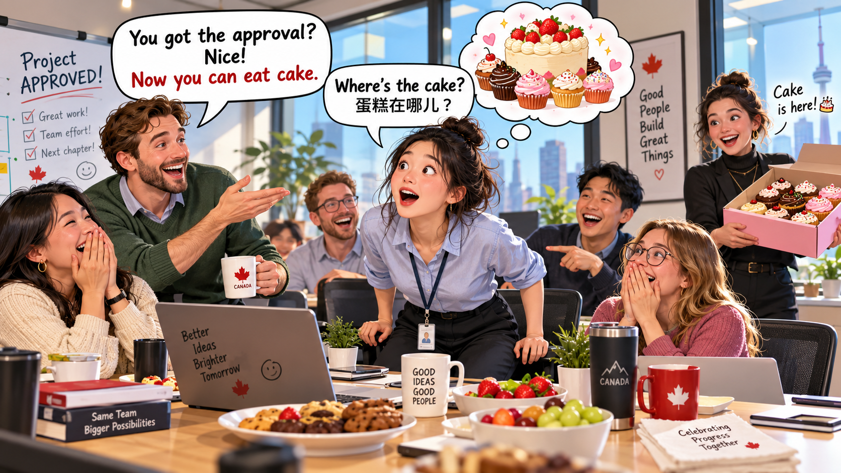 美剧学英语:eat cake - 加拿大办公室下午茶,同事说“eat cake”,我真跑去找蛋糕了……