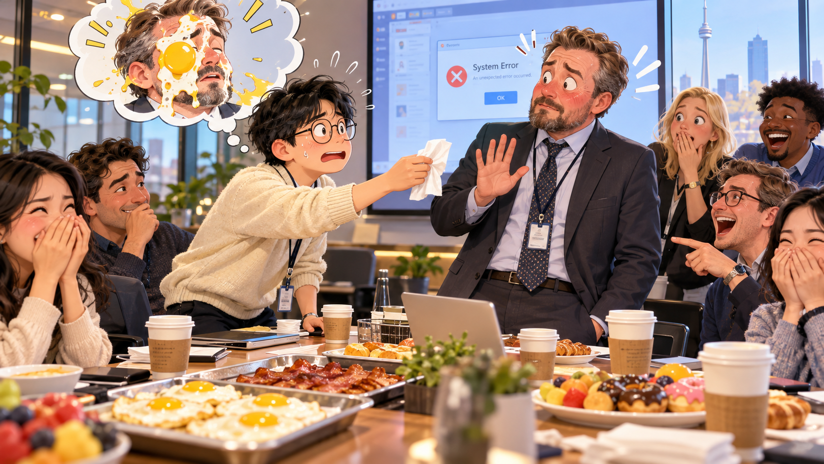 美剧学英语:egg on one's face - 加拿大办公室早餐会上,同事说他“脸上有鸡蛋”,我真递了张纸巾