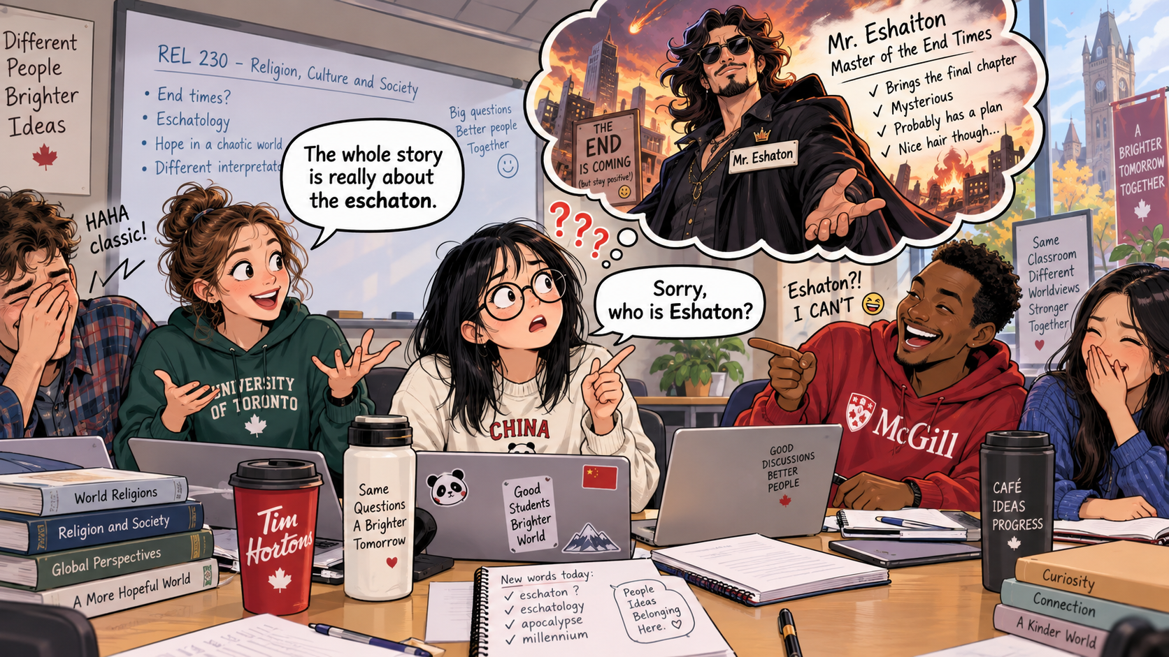 美剧学英语：Eshaton - 加拿大大学小组讨论里，同学说“eschaton”，我还问：埃沙顿是谁？