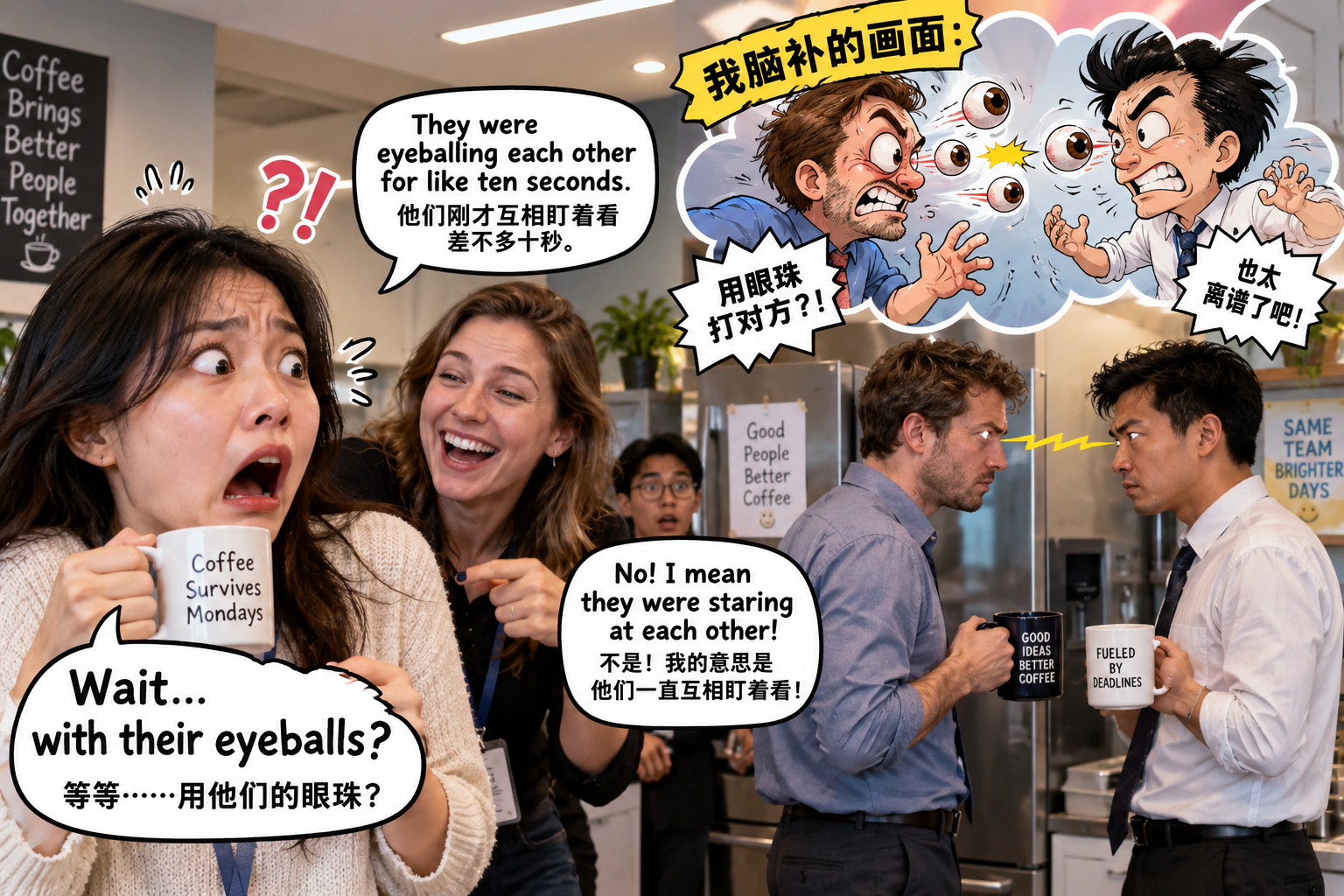 美剧学英语：eyeball each other - 加拿大办公室茶水间，同事说“they were eyeballing each other”，我脑子里瞬间打起来了