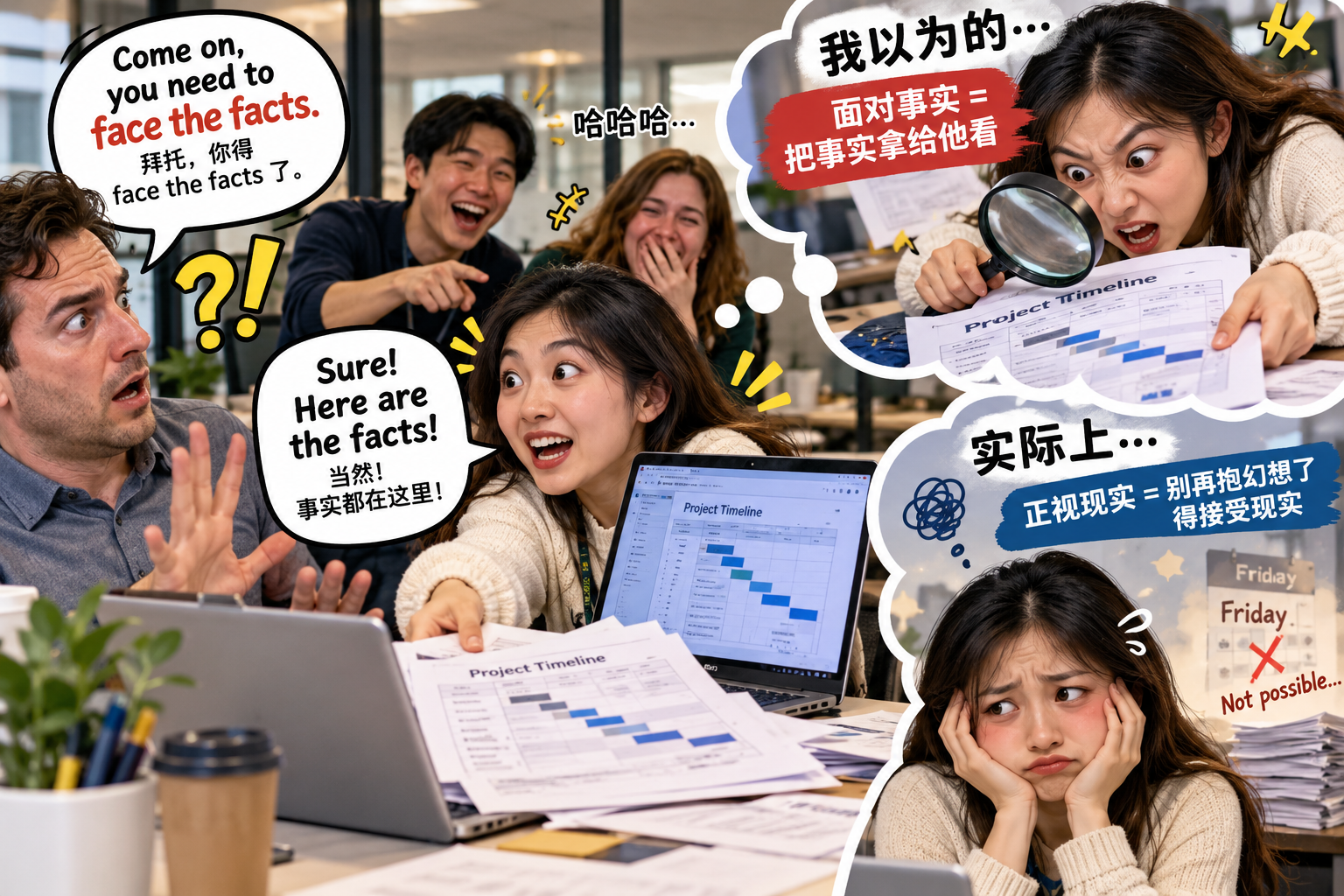 美剧学英语：face the facts - 加拿大办公室里，同事让我“face the facts”，我居然把文件翻到了他面前……