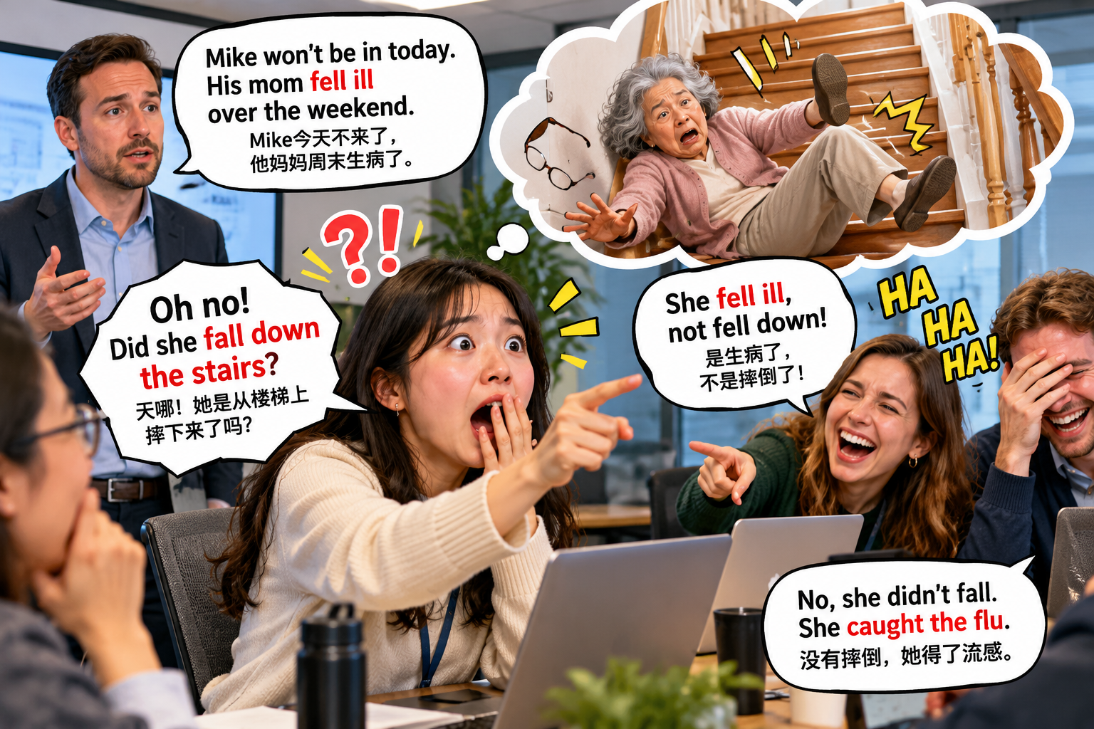 美剧说英语：fall ill - 加拿大同事说妈妈“fall ill”，我竟然问她是不是摔倒了……