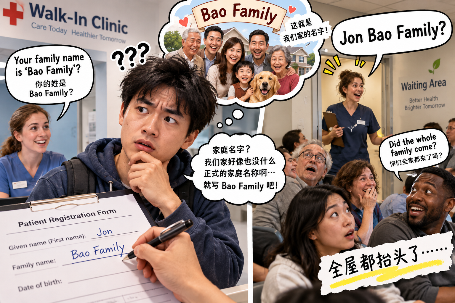 美剧学英语：family name - 加拿大诊所填表看到“family name”，我认真写了“Bao Family”……护士叫号时全屋都抬头