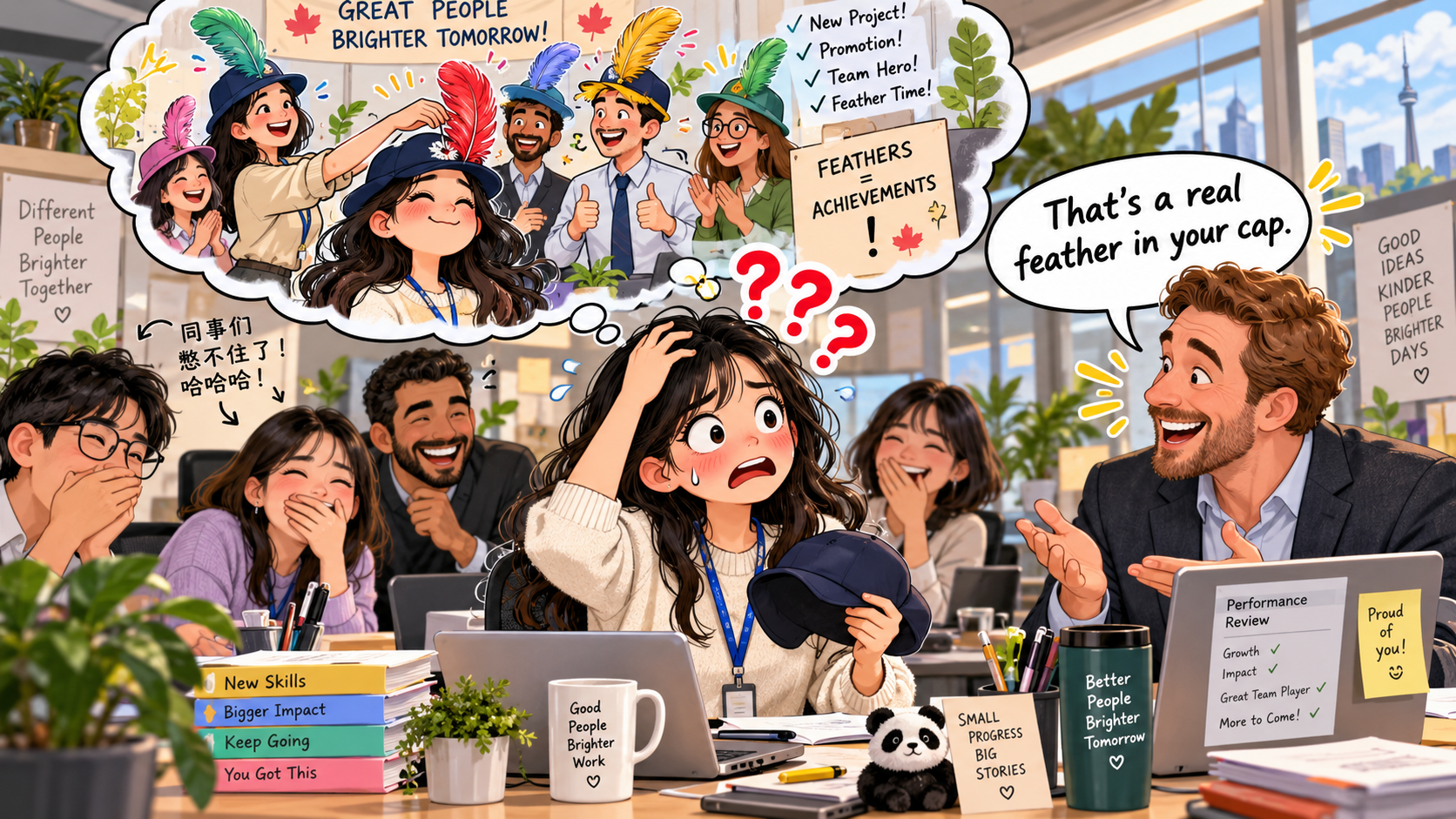 美剧学英语:feather in one's cap - 加拿大办公室绩效面谈,老板说我帽子上多了根羽毛,我低头找了半天……