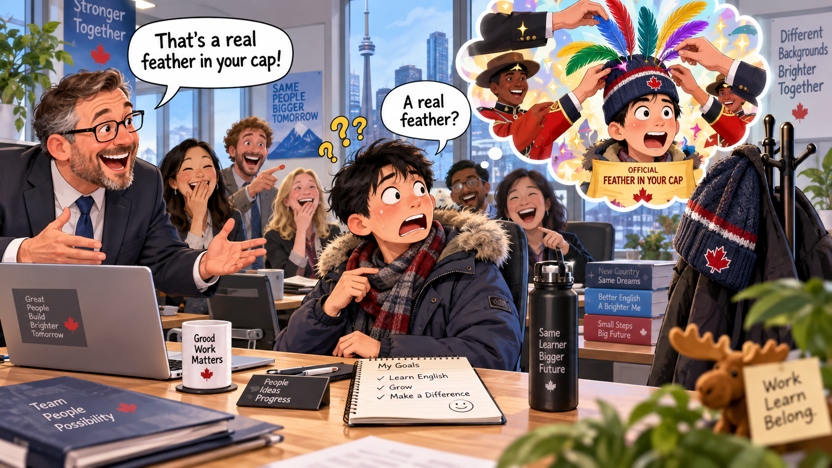 美剧学英语:feather in your cap - 加拿大办公室绩效面谈,老板说要往我帽子里插根羽毛……