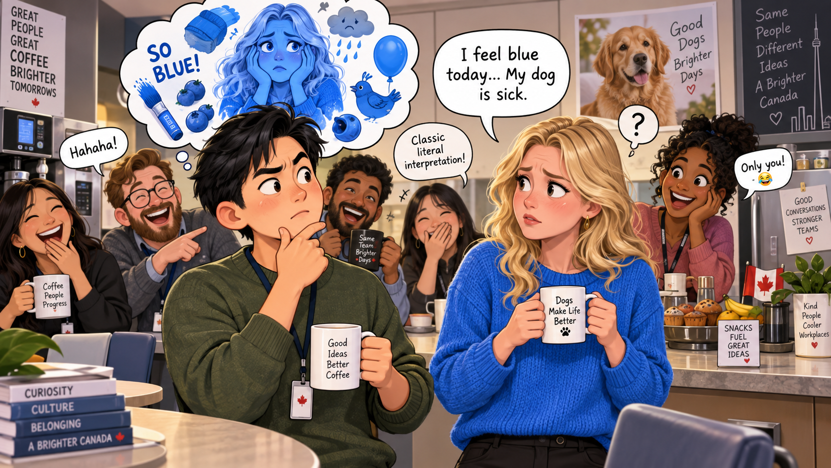 美剧学英语:feel blue - 加拿大办公室茶水间同事说“feel blue”,我低头看了看她的蓝毛衣……