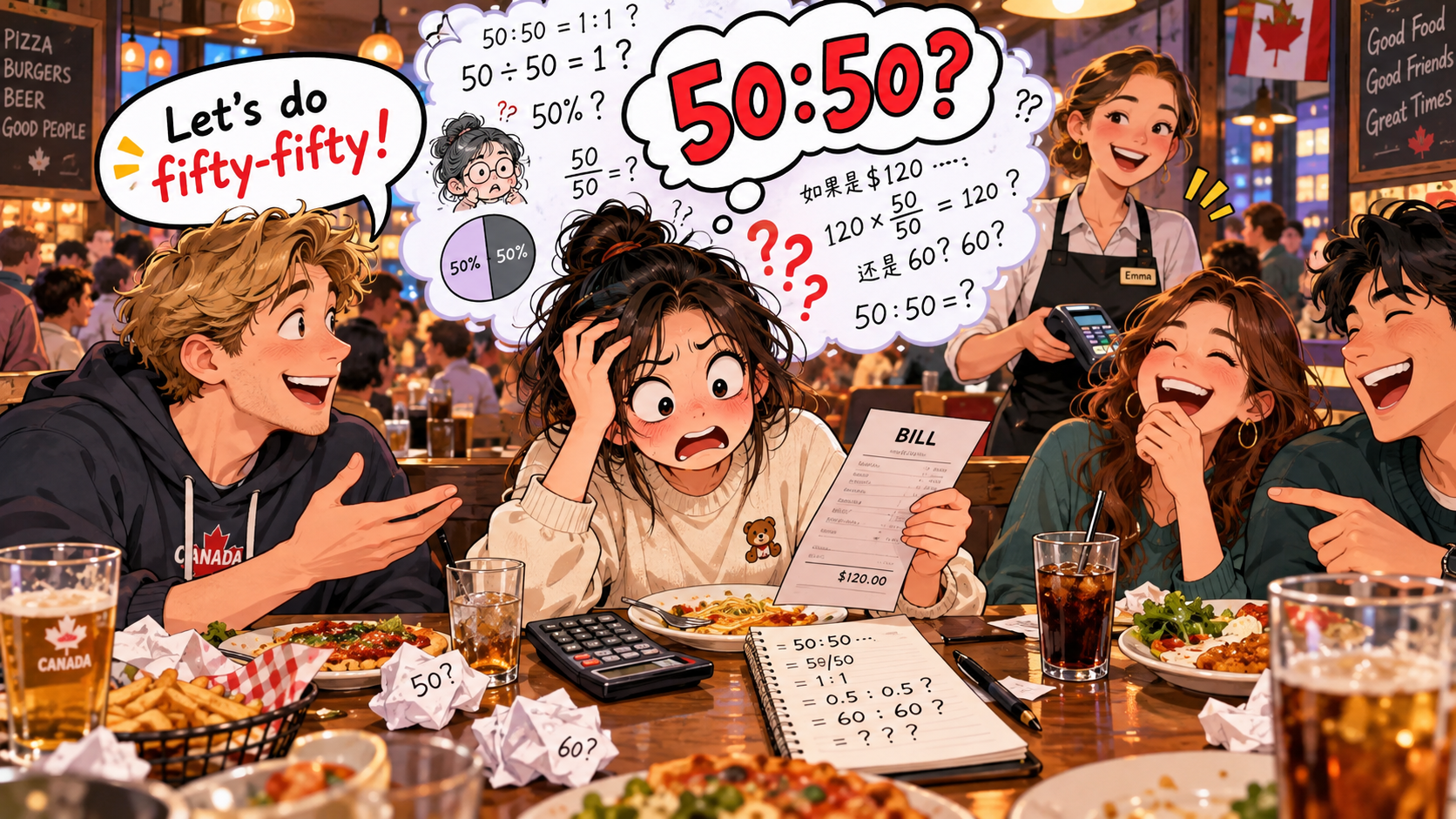美剧学英语:fifty-fifty - 加拿大餐厅结账时朋友说fifty-fifty,我差点掏出计算器算50比50