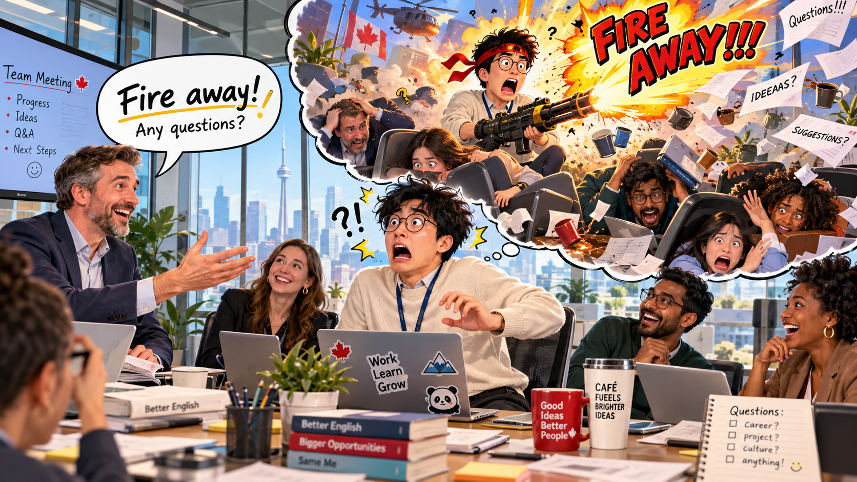 美剧学英语:fire away - 加拿大办公室开会,经理突然对我说“Fire away”,我差点以为出事了……