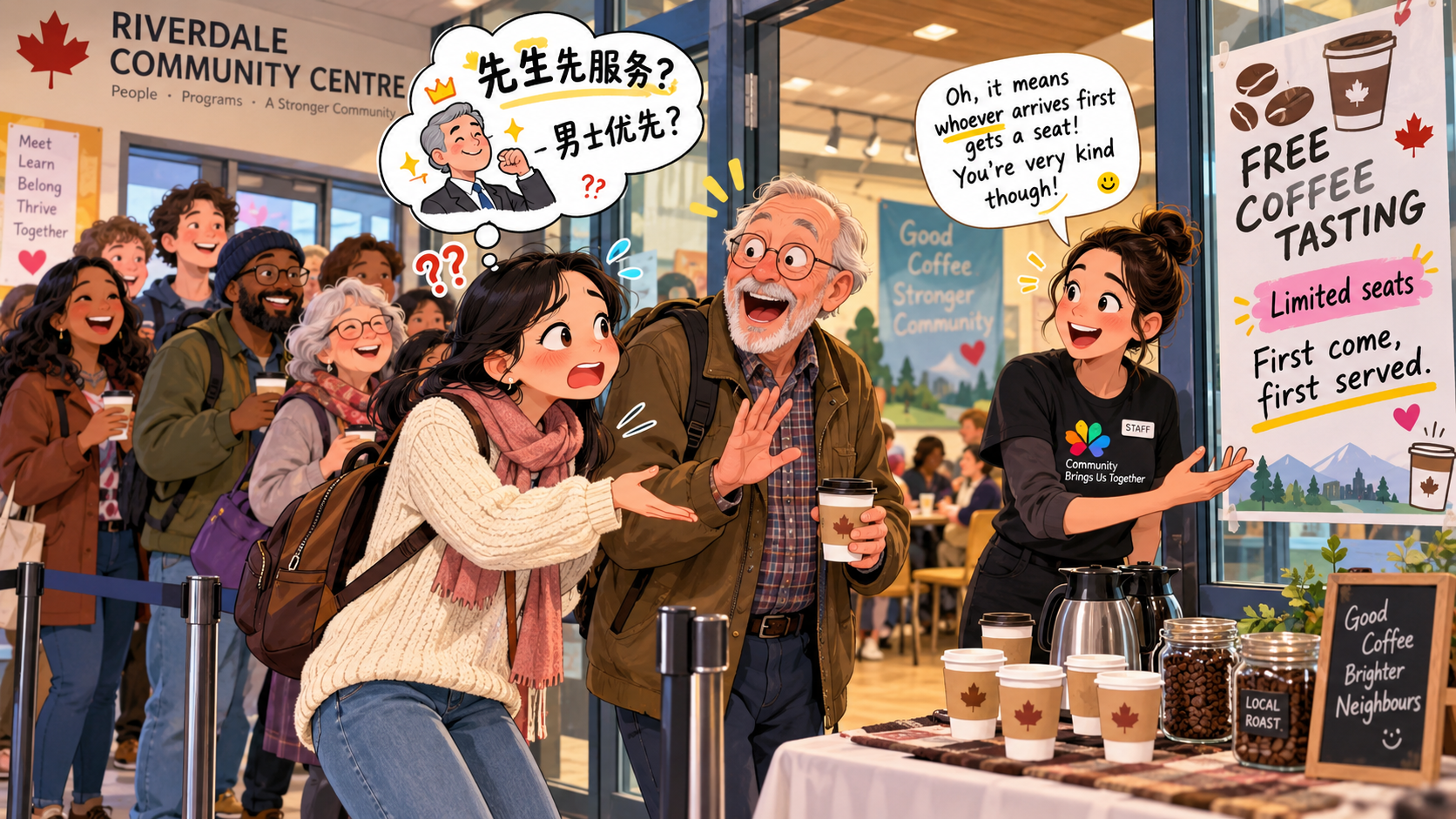 美剧学英语:first come, first served - 加拿大社区活动写着“first come, first served”,我还以为是“先生先服务”……